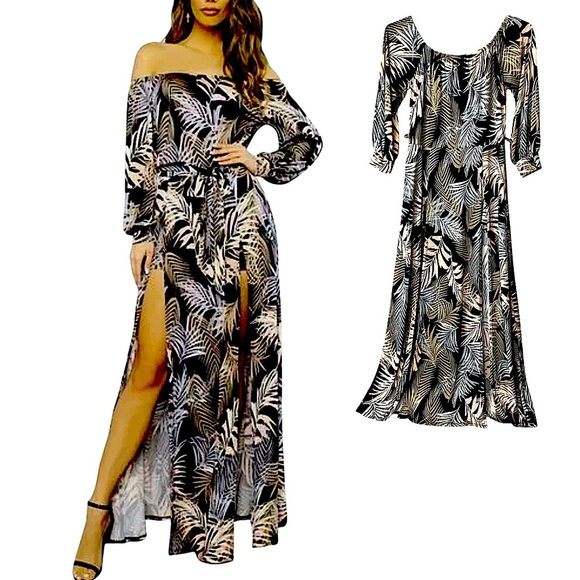 Off-Shoulder Slit Maxi Front Slits Dress Built in Shorts Tropical Pink Black LG - Picture 1 of 16